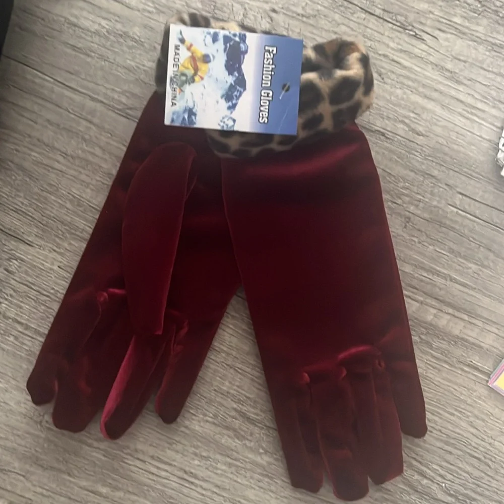 Two sets of gloves. Black and Burgundy velvet w/animal print cuffs. - Picture 3 of 3